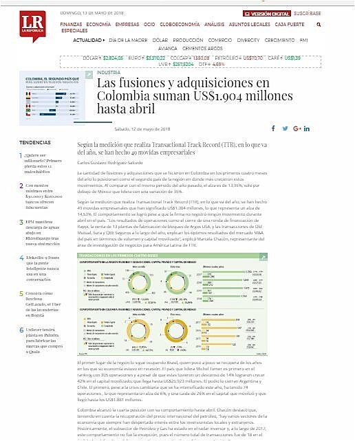 Las fusiones y adquisiciones en Colombia suman US$1.904 millones hasta abril